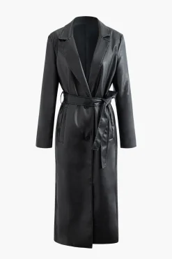 MICAS Outerwear|Outerwear-Faux Leather Notched Lapel Belted Trench Coat BLACK
