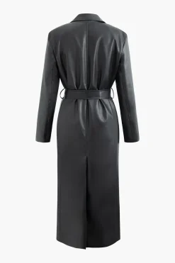 MICAS Outerwear|Outerwear-Faux Leather Notched Lapel Belted Trench Coat BLACK
