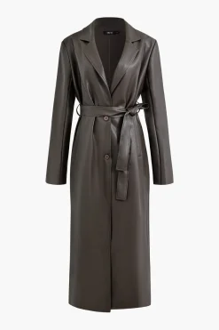MICAS Outerwear|Outerwear-Faux Leather Notched Lapel Belted Trench Coat BLACK