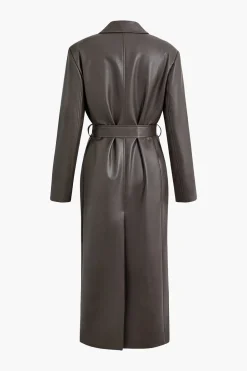 MICAS Outerwear|Outerwear-Faux Leather Notched Lapel Belted Trench Coat BLACK