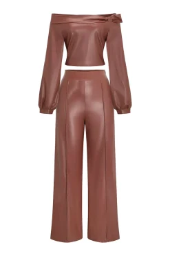 MICAS Pant Sets-Faux Leather Off Shoulder Top And Wide Leg Trousers Set LIGHT CORAL