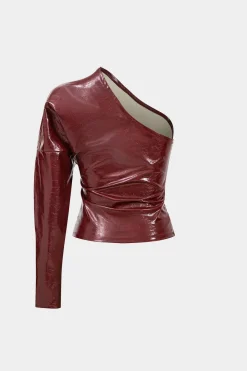 MICAS Long Sleeve Tops|Long Sleeves Tops-Faux Leather One Shoulder Asymmetrical Long-Sleeve Shirt BURGUNDY