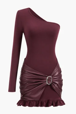 MICAS Long Sleeve Dresses|Mini Dresses-Faux Leather Patchwork Asymmetrical Long Sleeve Mini Dress BURGUNDY