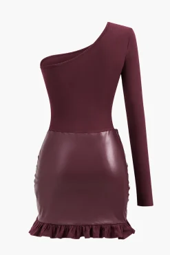 MICAS Long Sleeve Dresses|Mini Dresses-Faux Leather Patchwork Asymmetrical Long Sleeve Mini Dress BURGUNDY