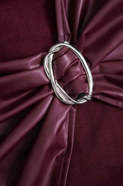 MICAS Long Sleeve Dresses|Mini Dresses-Faux Leather Patchwork Asymmetrical Long Sleeve Mini Dress BURGUNDY