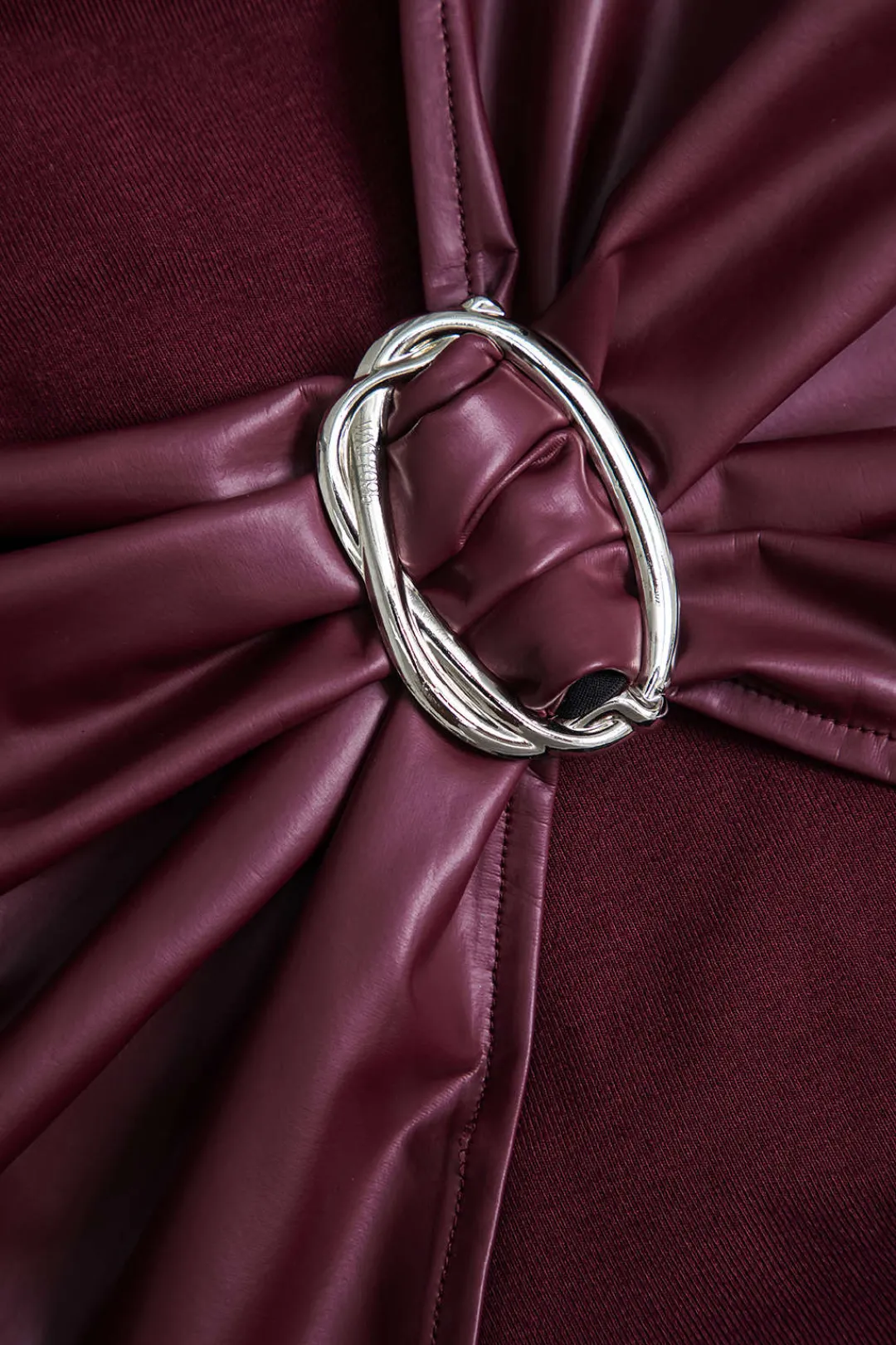 MICAS Long Sleeve Dresses|Mini Dresses-Faux Leather Patchwork Asymmetrical Long Sleeve Mini Dress BURGUNDY