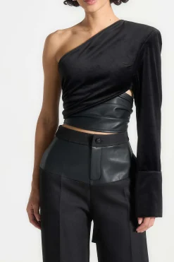 MICAS Long Sleeve Tops|Long Sleeves Tops-Faux Leather Patchwork Asymmetrical Long-Sleeve Top BLACK