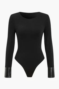 MICAS Bodysuits-Faux Leather Patchwork Button Bodysuit