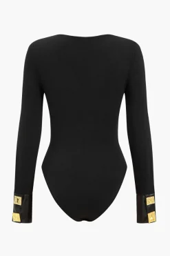 MICAS Bodysuits-Faux Leather Patchwork Button Bodysuit