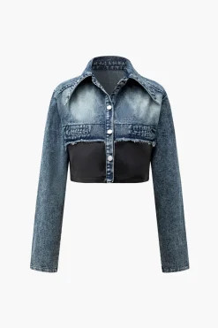 MICAS Outerwear|Outerwear-Faux Leather Patchwork Frayed Denim Outerwear BLACK