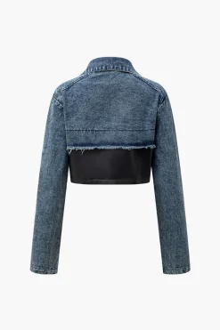 MICAS Outerwear|Outerwear-Faux Leather Patchwork Frayed Denim Outerwear BLACK