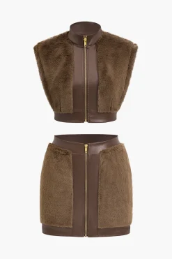 MICAS Skirt Sets-Faux Leather Patchwork Fur Skirt Set