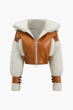 MICAS Outerwear|Outerwear-Faux Leather Patchwork Hooded Jacket CHOCOLATE