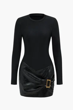 MICAS Long Sleeve Dresses|Mini Dresses-Faux Leather Patchwork Long Sleeve Mini Dress BLACK