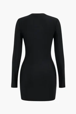 MICAS Long Sleeve Dresses|Mini Dresses-Faux Leather Patchwork Long Sleeve Mini Dress BLACK