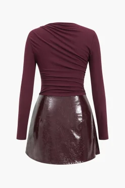 MICAS Long Sleeve Dresses|Mini Dresses-Faux Leather Patchwork Long Sleeve Mini Dress