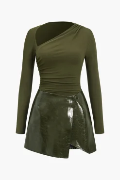 MICAS Long Sleeve Dresses|Mini Dresses-Faux Leather Patchwork Long Sleeve Mini Dress