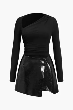 MICAS Long Sleeve Dresses|Mini Dresses-Faux Leather Patchwork Long Sleeve Mini Dress