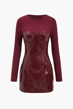 MICAS Long Sleeve Dresses|Mini Dresses-Faux Leather Patchwork Long Sleeve Round Neck Mini Dress BURGUNDY