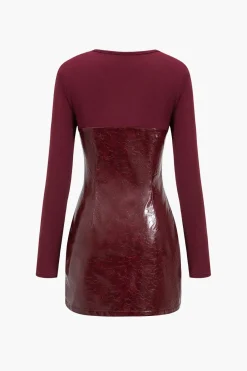 MICAS Long Sleeve Dresses|Mini Dresses-Faux Leather Patchwork Long Sleeve Round Neck Mini Dress BURGUNDY