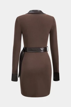 MICAS Long Sleeve Dresses|Mini Dresses-Faux Leather Patchwork Long Sleeve Mini Dress BROWN