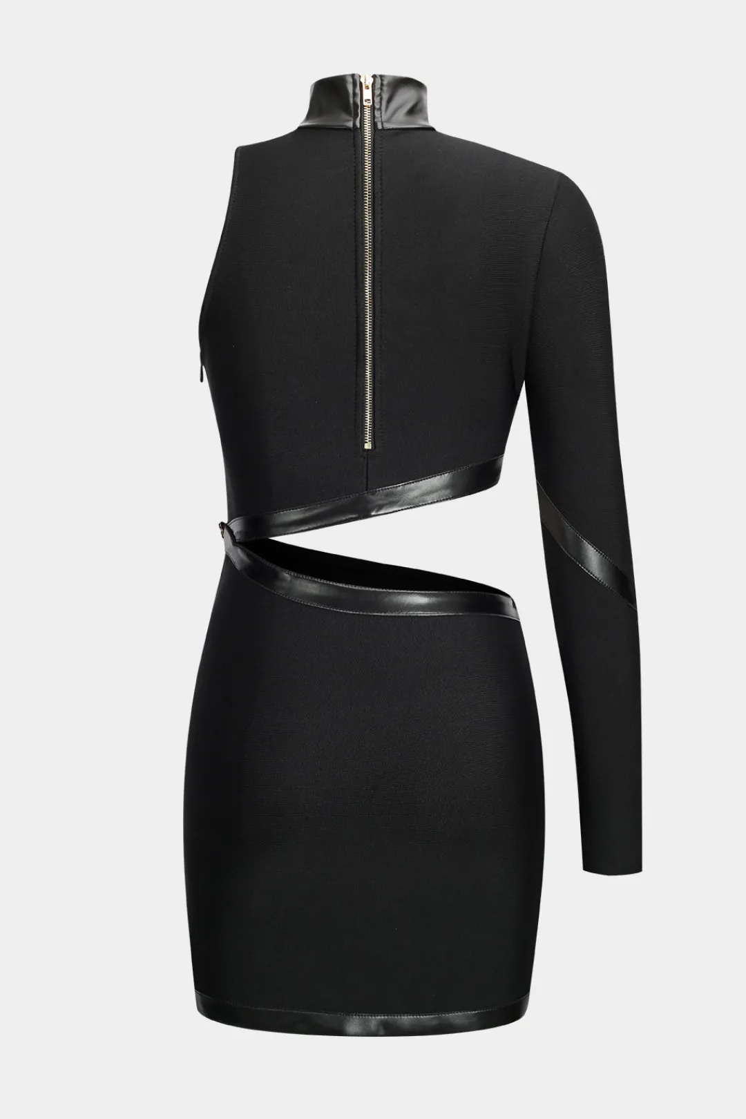 MICAS Mini Dresses|Long Sleeve Dresses-Faux Leather Patchwork Long Sleeve One Shoulder Cut Out Mini Dress BLACK