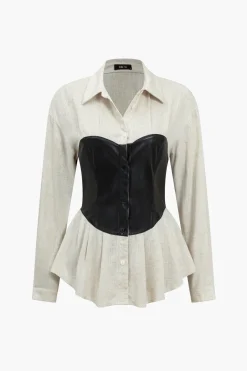 MICAS Long Sleeve Tops|Long Sleeves Tops-Faux Leather Patchwork Long-Sleeve Shirt BEIGE