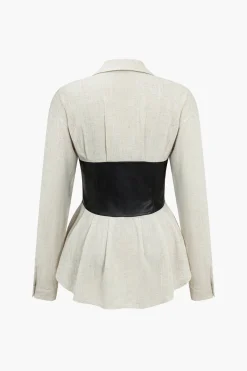 MICAS Long Sleeve Tops|Long Sleeves Tops-Faux Leather Patchwork Long-Sleeve Shirt BEIGE