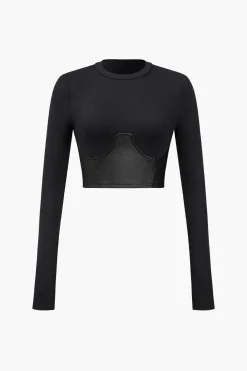 MICAS Long Sleeve Tops|Long Sleeves Tops-Faux Leather Patchwork Long-Sleeve Top