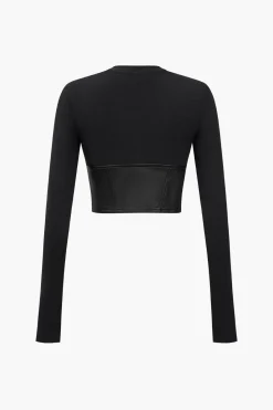MICAS Long Sleeve Tops|Long Sleeves Tops-Faux Leather Patchwork Long-Sleeve Top