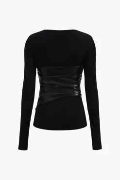 MICAS Long Sleeve Tops|Long Sleeves Tops-Faux Leather Patchwork Long-Sleeve Top BLACK