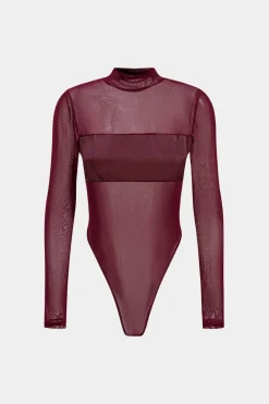 MICAS Bodysuits-Faux Leather Patchwork Long Sleeve Bodysuit BURGUNDY