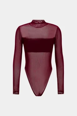MICAS Bodysuits-Faux Leather Patchwork Long Sleeve Bodysuit BURGUNDY