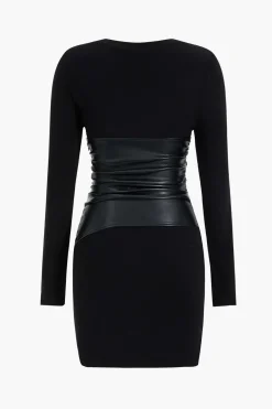 MICAS Long Sleeve Dresses|Mini Dresses-Faux Leather Patchwork Long Sleeve Mini Dress