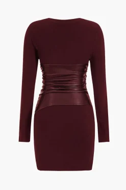 MICAS Long Sleeve Dresses|Mini Dresses-Faux Leather Patchwork Long Sleeve Mini Dress