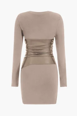 MICAS Long Sleeve Dresses|Mini Dresses-Faux Leather Patchwork Long Sleeve Mini Dress