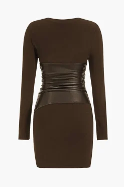 MICAS Long Sleeve Dresses|Mini Dresses-Faux Leather Patchwork Long Sleeve Mini Dress
