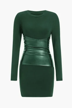 MICAS Long Sleeve Dresses|Mini Dresses-Faux Leather Patchwork Long Sleeve Mini Dress