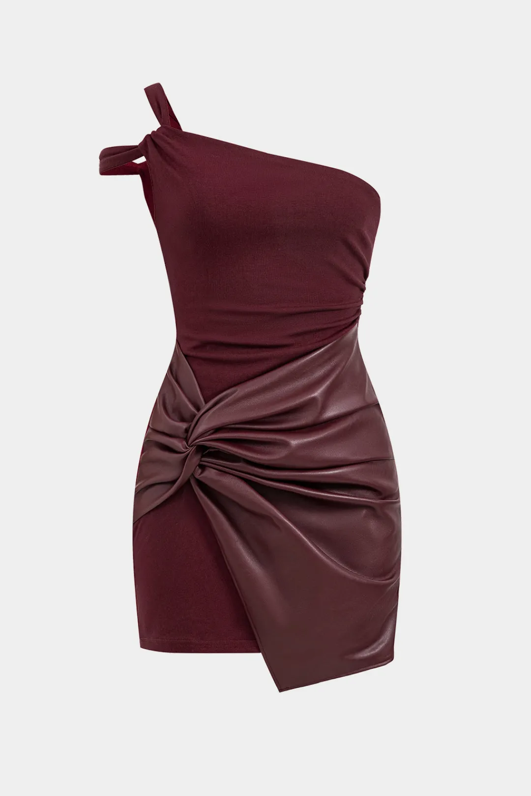 MICAS Mini Dresses-Faux Leather Patchwork Mini Dress BURGUNDY