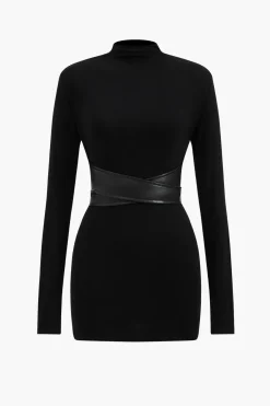 MICAS Long Sleeve Dresses|Mini Dresses-Faux Leather Patchwork Mock Neck Mini Dress BLACK