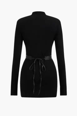 MICAS Long Sleeve Dresses|Mini Dresses-Faux Leather Patchwork Mock Neck Mini Dress BLACK