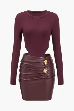 MICAS Long Sleeve Dresses|Mini Dresses-Faux Leather Patchwork Round Neck Ruched Metallic Long Sleeve Mini Dress BURGUNDY