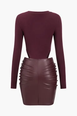 MICAS Long Sleeve Dresses|Mini Dresses-Faux Leather Patchwork Round Neck Ruched Metallic Long Sleeve Mini Dress BURGUNDY