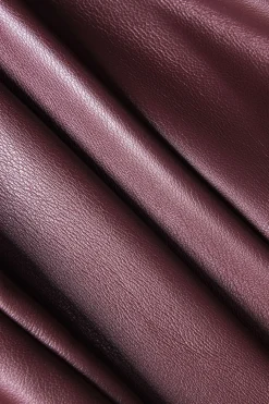 MICAS Long Sleeve Dresses|Mini Dresses-Faux Leather Patchwork Round Neck Ruched Metallic Long Sleeve Mini Dress BURGUNDY