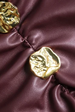 MICAS Long Sleeve Dresses|Mini Dresses-Faux Leather Patchwork Round Neck Ruched Metallic Long Sleeve Mini Dress BURGUNDY