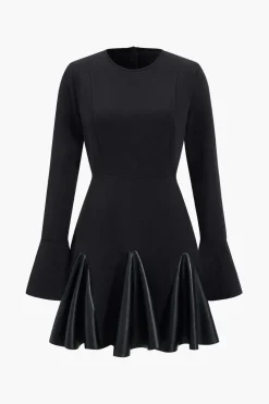 MICAS Long Sleeve Dresses|Mini Dresses-Faux Leather Patchwork Round Neck Long Sleeve Puff Mini Dress BLACK