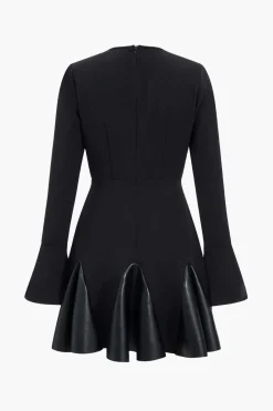 MICAS Long Sleeve Dresses|Mini Dresses-Faux Leather Patchwork Round Neck Long Sleeve Puff Mini Dress BLACK