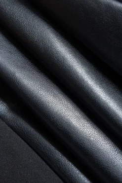 MICAS Long Sleeve Dresses|Mini Dresses-Faux Leather Patchwork Round Neck Long Sleeve Puff Mini Dress BLACK