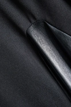 MICAS Long Sleeve Dresses|Mini Dresses-Faux Leather Patchwork Round Neck Long Sleeve Puff Mini Dress BLACK