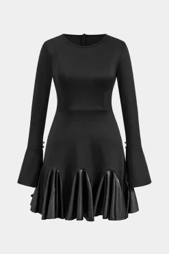 MICAS Long Sleeve Dresses|Mini Dresses-Faux Leather Patchwork Round Neck Long Sleeve Mini Dress BLACK
